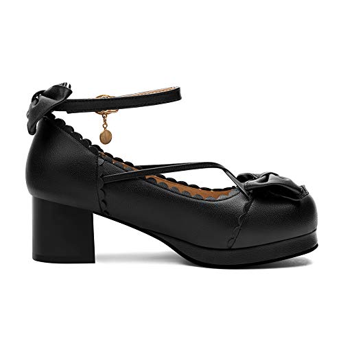 100FIXEO Women's Goth Platform Mary Jane Chunky Heels Kawaii Round Toe Ankle Strap Double Bow Cross-Tied Dress Pumps4