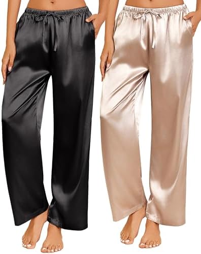 Ekouaer 2 Pack Womens Satin Pajama Pants Silk Sleep Lounge Pants Loose Pj Bottom with Pockets Black and Champagne Medium