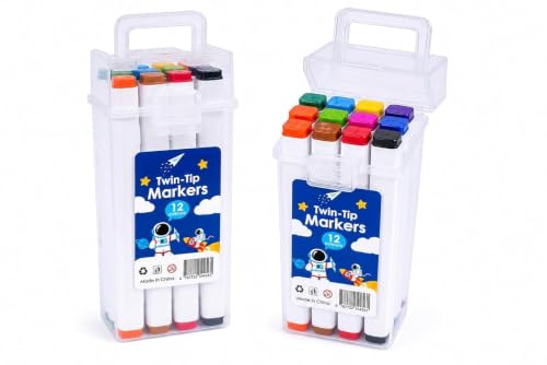 Image of Twin-Tip Marker Pens Set | Dual Tip Art Markers with Fine & Broad Nibs | Assorted Color Sketch Pens with Storage Case for Drawing, Coloring, School Projects, Kids & Adults (Pack Of 12)