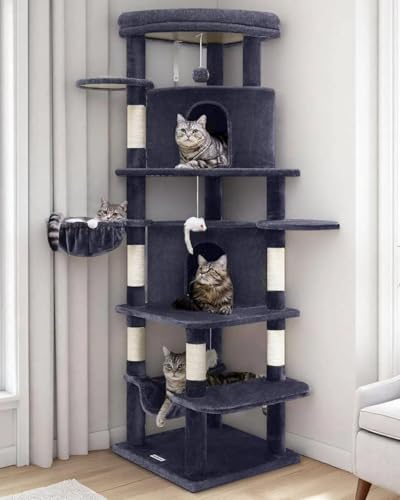 Image of Globlazer Corner Cat Tree for Large Cats, 66inch Tall Curved Series Large Cat Tower for Multiple Indoor Cats with 6 Scratching Posts, 2 Spacious Cat Condos, Hammock, Hanging Basket, C66, Dark Grey