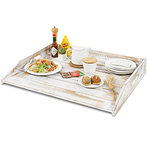 Mygift Shabby Whitewashed Solid Wood Noodle Board Stove Cover, 21 X 30-Inch Serving Ottoman Tray With Cutout Handles #TOP2