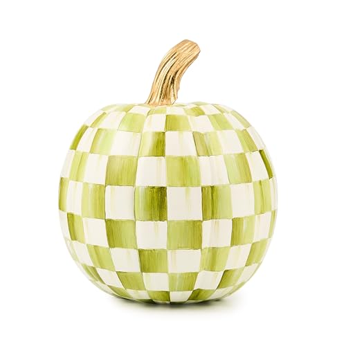 Image of MACKENZIE-CHILDS Pumpkin, Resin Halloween and Fall Decor, Small, Olive-Green Moss Check