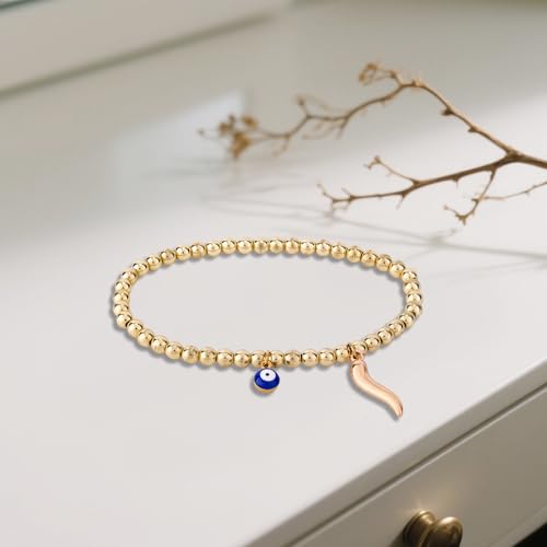 Evil Eye Bracelets for Women, Gold Stainless Steel Beaded Protection Bracelet With Italian Horns Charm Dainty Trendy Animal Elastic Jewelry Gifts for Women Accessories3