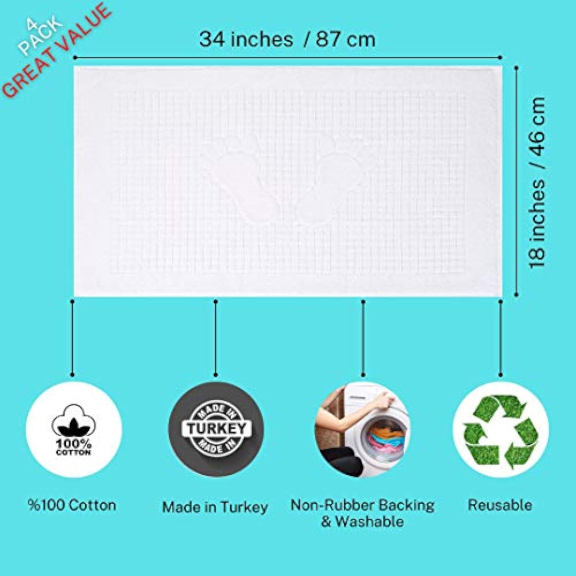 4 Pack Cotton Bath Mat Set, Reversible Washable