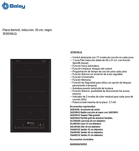 Placa de inducción de 30 cm Balay Flex Inducción doble programable con 17 niveles de potencia 7