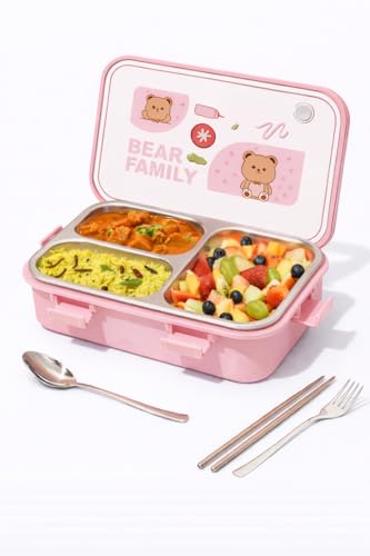 Image of Brand Conquer Lunch Box Leak-Proof BPA Free Stainless Steel for School, Lunch Box for School & Office with a Fork, a Spoon and a Pair of Chopsticks (Pink, Bear Family 3 Compartment)