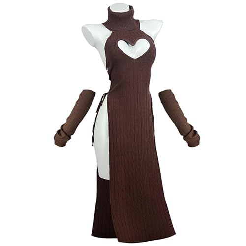 KORURACLUB Sexy Dress Cheongsam Halloween Costume premium sweater cosplay lingerie High Slit Long Dress - Brown - L/2XL