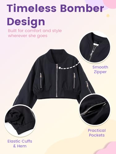 WELAKEN Lightweight Multiple Pockets Zip Up Bomber Jacket for Girls Toddler & Kids II Little Girl's Casual Flight Crop Jacket4