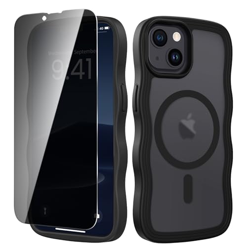 VEGO Magnetic Case for iPhone 13/14 Case: [Compatible with MagSafe][with Privacy Screen Protector] Translucent Matte Hard Cover Shockproof Drop Protection Protective Phone Case for iPhone 13/14 Black