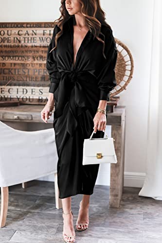 BTFBM Maxi Dresses for Women Fall 2025 Long Sleeve Lapel Neck Button Down Elegant Satin Belted Ruched Summer Shirt Dress4