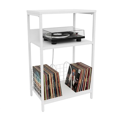 Relaxdays Mesa para Tocadiscos con 3 Niveles, separadores, Hierro y MDF, 65x40x30 cm, Blanco