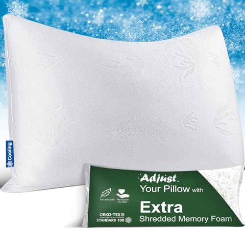 Shredded Memory Foam Pillows for Sleeping Queen Size Cooling Bed Pillows for Hot Sleepers Luxury Bamboo Pillow for Side Back Sleeper, Soft Yet Support Adjustable Bed Pillow with Extra Fill (1 Pack)
