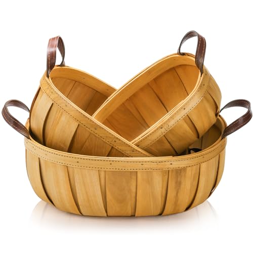Goaste 3 Pack Wicker Bread Basket, Wood Chip Picnic Basket with Handle, Handmade Woven Harvest Basket Holder, Rustic Nesting Flower Basket Bin, Gift Packing Woven Basket for Storage, Picnics, Wedding