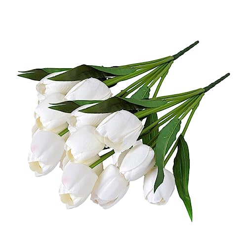 Guangcailun 2 pièces 9 têtes Bouquet Fleurs artificielles Fausses Tulipes en Soie Main Fausse Fleur pour décoration fête Arrangements Jardin, Blanc/Grande Tête