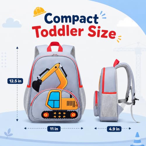 Image of LOIDOU Toddler Backpack for Boys, Excavator Construction Vehicle | Chest Strap, Padded Straps, Side Bottle Pockets, Daycare, Preschool, Travel