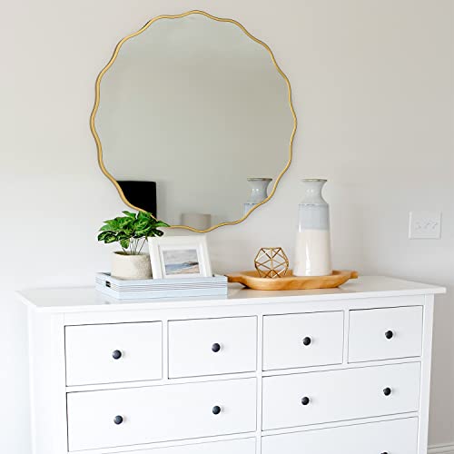 Gold Circle Mirror, 24" Round Vanity Mirror, Irregular Wall Mirror For Bathroom, Waved Edge Decorative Mirror, Wooden Farmhouse Mirror For Bathroom, Entryway, Washingroom, Living Room, Bedroom #TOP3
