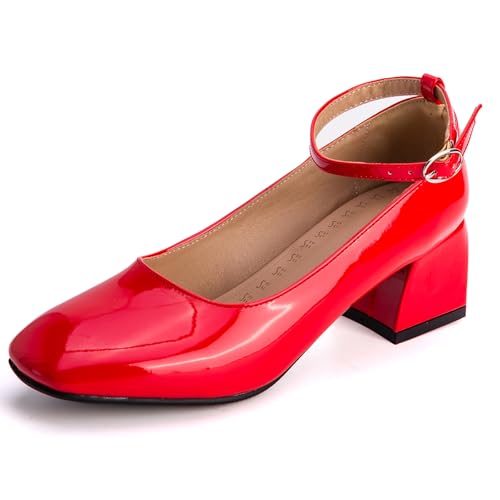 Gicoiz Block Heel Mary Jane Patent Ankle Strap Women Shoes Comfortable Square Toe Ladies Party Pumps Elegant Summer Chunky Apricot Size 13 US/49 by Gicoiz