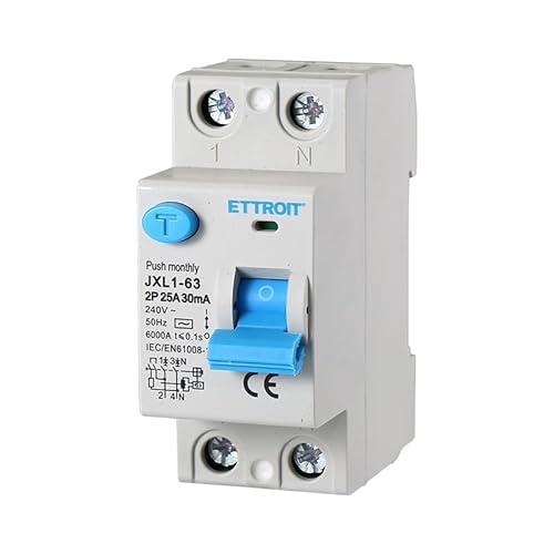 Interruptor diferencial puro 25 A 2 polos 2P 220 V 6 kA 30 mA 2 módulos DIN, RCCB C25