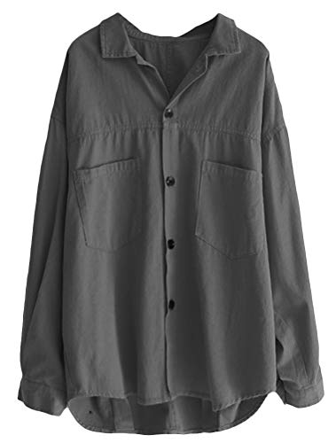 Minibee Women's Cotton Shirt Jacket Long Sleeve Blouse Button Down Coat Outwear with Pockets Gray M