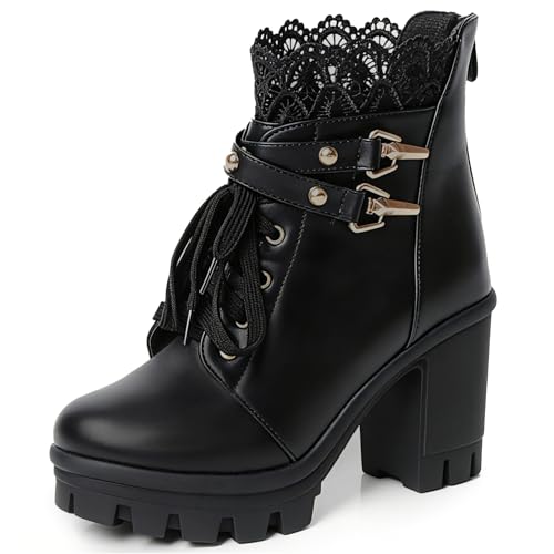 Image of FOREADA Goth Boots Chunky Heel Boot For Women Ankle Combat Booties Black Platform Bootie Buckle Rivets Punk Goth Shoes With Zipper