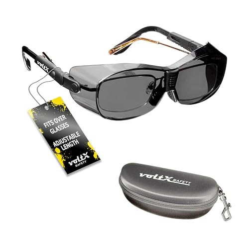 voltX 'RETRO COMPACT OVERGLASSES' avec étui – Petite/moyenne taille, sécurité industrielle Overspecs-CE EN166ft certifié (lentille fumé) - temples réglables individuellement