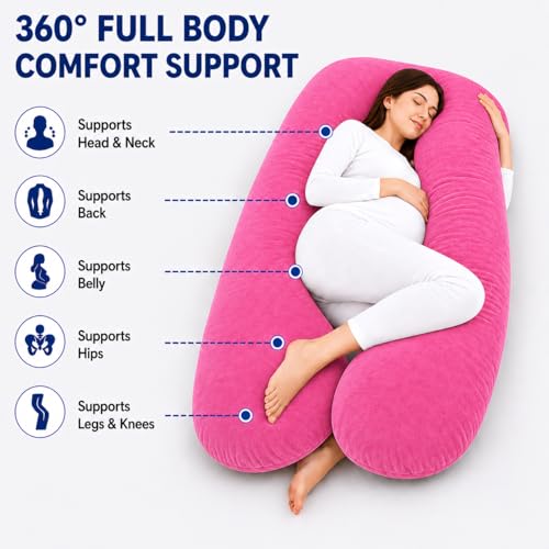Image of Restify U-Shape Pregnancy Pillow for Women Sleeping | Full Body Maternity Pillow for Back, Hips, Legs & Belly Support | Removable & Washable Velvet Cover | Pink