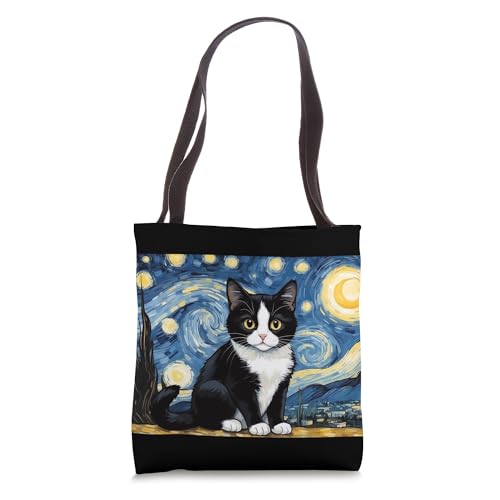 Bolso tote con diseño divertido de gato con esmoquin y noche estrellada miniatura 1