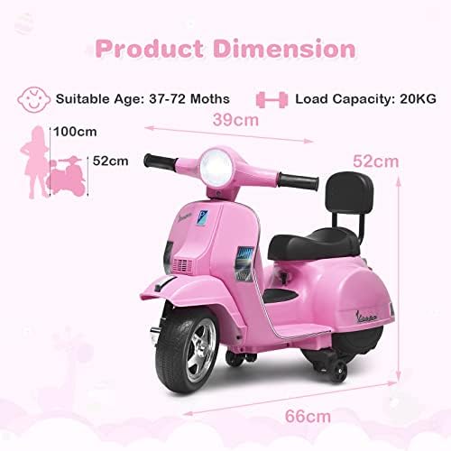 GYMAX Kids Electric Motorbike, 6V Battery Powered VESPA Compatible Motorcycle with Training Wheels, Headlight, Music & Horn, Children Ride on Motor Bike for 3 Years Old Boys Girls (Pink)