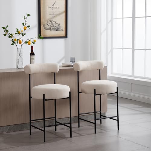 Butacos Altura de Isla de Cocina Set de 2, Modernos con Tapizado en Lino Beige y Patas de Metal, Altura Asiento 26 pulgadas miniatura 3