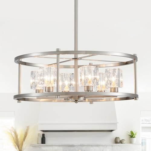 Majhoiw 21.7“ Brushed Nickel Chandeliers for Dining Room Over Table Round 6-Light Farmhouse Pendant Lighting Fixtures Drum Ceiling Lights for Living Room Bedroom Home Office