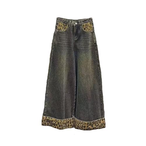 American Street Style Women's Retro Leopard Print Patchwork Jeans, Spicy Girl Street Loose Hip-hop Wide Leg Pants