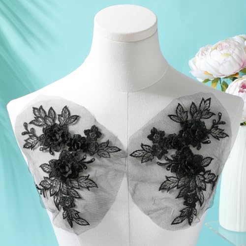 CABODYALS 2 works 4Pcs Lace Flower Applique Black Vintage 3D Floral Embroidery Appliques Polyester Soild Embroidered Sew on Tulle Patches for Sewing Making Crafts Dresses Cloth Wedding Party Decor - Image 4