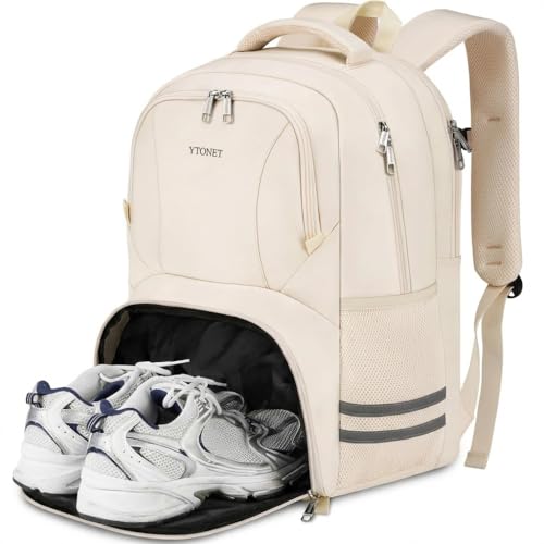 Ytonet Gym Backpack For Women Men, Travel Backpack With Shoe Compartment, Sport Water Resistant Carry on Bag Fit 15.6 Inch Laptop, Camping, Workout, Hiking, College, Beige