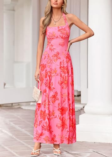 KIRUNDO Women's Summer Sleeveless Halter Floral Maxi Dress 2026 Beach Wedding Guest Cocktail Mesh Flowy A Line Long Sundress(Pink, X-Large) — view 5