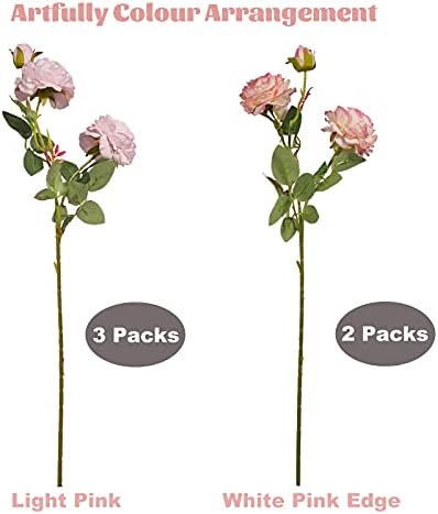 ZENYILFE Roses Artificial Flowers with Long Stem and Buds 5 Bunches Pink Silk Rose 24in/61cm Realistic Fake Flowers for Wedding Bouquet Home Party Office Centerpieces Floral Arrangements Decoration