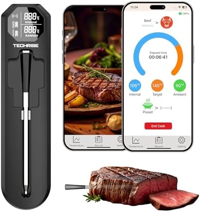 TechRise Bluetooth Wireless Meat Thermometer with APP, Wireless BBQ Grill Thermometer for Oven,Smoker,Air Fryer,Kitchen Cooking,Instant Read Digital Probe with Alarm, Long Range,Rechargeable,Black