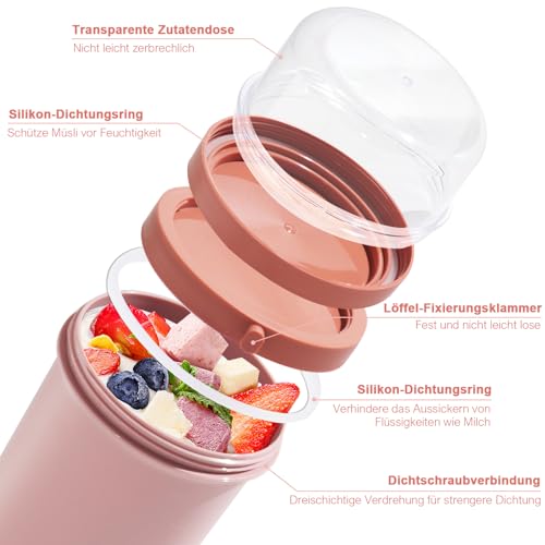 Swkien Müslibecher to go, Joghurtbecher to go 450ml+250ml, Auslaufsicherer Müsli Becher für Müsli & Joghurt, Joghurt Becher mit Löffel… – Ansicht 2