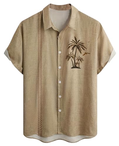 Camisa de manga corta con botones para hombre, estilo hawaiano, informal, estampada, verano, ajuste regular, para playa, Aloha, Palmera marrón, Medium