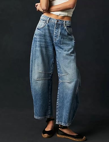 بنطلون جينز فضفاض بارجل واسعة وخصر متوسط للنساء من موندوفين، بنطلون جينز بوي فريند قصير مع جيوب (0617-ازرق غامق-M)