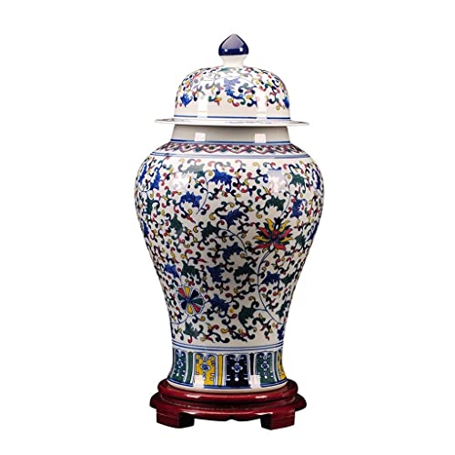Robmet Blue And White Porcelain Ginger Jar Vase For Home Decor, Chinoiserie Decorative Jar With Lid, Floral Print Ceramic Temple Jar W/Wooden Stand Centerpiece (Size : Small) #TOP5