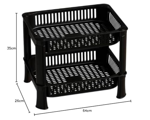 Image of Multipurpose Plastic Storage Rack for Kitchen | Foldable Vegetable & Fruit Organizer Stand for Onion, Potato, Sabji | Countertop Multi-Layer Basket Rack for Home, (Black, 2 layer)
