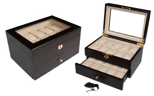 Timelybuys 20 Piece Ebony Walnut Wood Men's Watch Box Display Case Collection Jewelry Box Storage Glass Top Father's Day Gift #TOP1