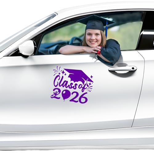 Image of 2xClass of 2026 Car Sticker & Graduation Hat Sticker Removable Graduate Car Decal 8 inchx 7.1 inch Waterproof Vinyl Decals Arts & Crafts for Graduation Party Decorations (Purple)