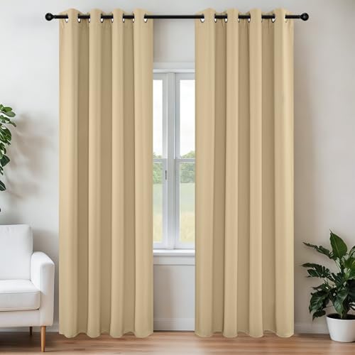 Joydeco Blackout Curtains 95 Inch Length 2 Panels Set, Thermal Insulated Long Curtains& Drapes 2 Burg, Room Darkening Grommet Drapes for Living Room Bedroom Window (W52 x L95 Inch, Beige)