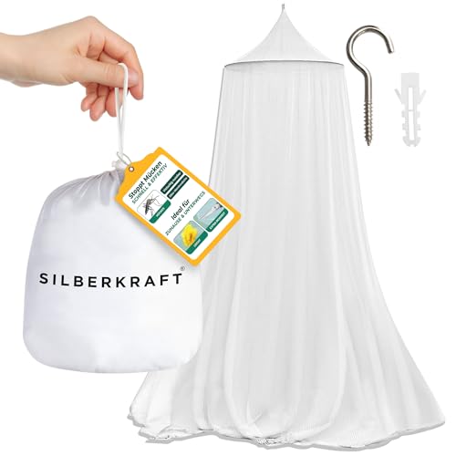 Silberkraft Moskitonetz mit Deckenhaken & Dübel, sichere Befestigung zum Bohren, reißfestes Mückennetz für Einzelbett & Doppelbett, Schutz auf Reisen & Zuhause, Ultra feinmaschig 225er WHO-Empfehlung