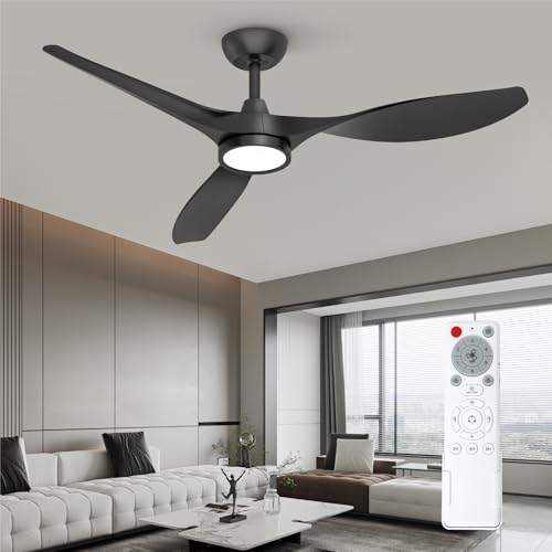 Roomratv Ceiling Fans with Lights and Remote Control,Quiet Noiseless Reversible DC Motor,6 Speeds,Timers, 3 CCT, Indoor Use, Plastic Blades,52 Inch Black Modern Ceiling Fan for Bedroom Living Room