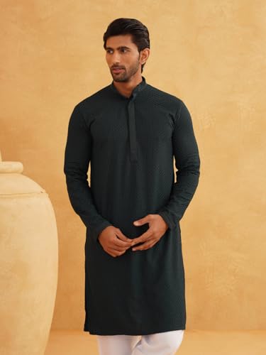 Image of Sojanya (Since 1958 Men'S Geometric Embroidered Thread Work Cotton Straight Long Kurta