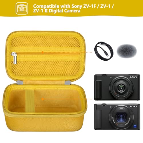 Image of Hard Travel Case for Sony ZV-1F / ZV-1 / ZV-1 II Digital Camera, Vlogger Camera Storage Holder Travel Bag with Zipper Mesh Pocket for Battery Pack, Charging Cable, USB Card, Yellow