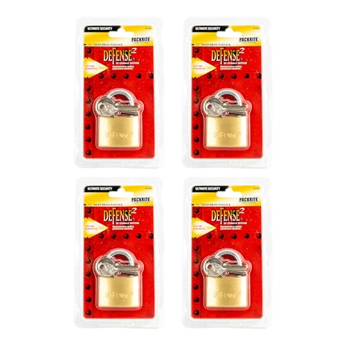 Defense2 Solid Brass Outdoor Padlock with Key, 1 3/4 Inch, Pick Resistant Hardened Steel Shackle, Weather Proof Lock with Key, Includes 2 Keys, 4 Pack