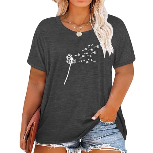 Binshre Womens Plus Size Tops Dandelion Graphic Tees Casual Loose Fit Flower Printing Summer Short Sleeve Crew Neck T Shirts(1x-4x)